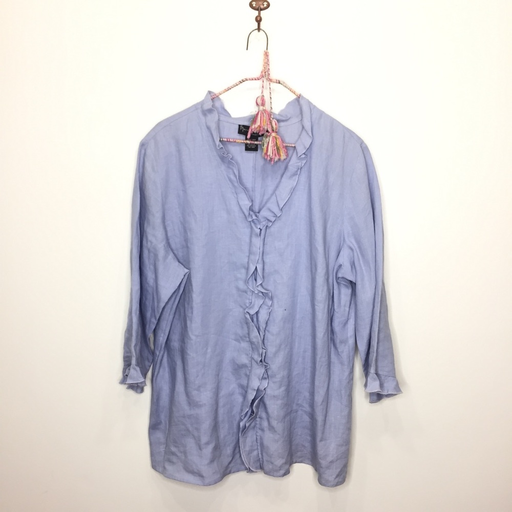 Mercer & Madison 100% Linen Blue Ruffle Front Button Down Blouse V-Neck 14W